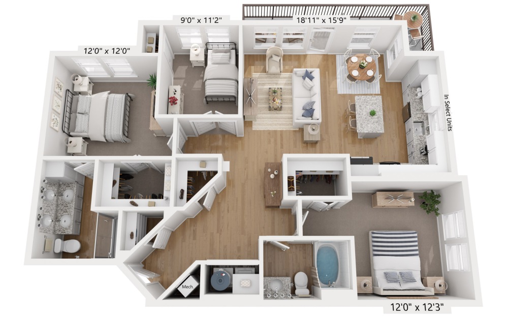 C1B - Amethyst - 3 bedroom floorplan layout with 2 bathrooms and 1295 square feet