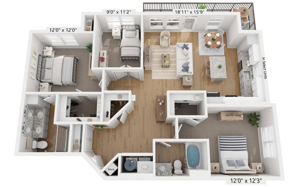 C1A - Amethyst - 3 bedroom floorplan layout with 2 bathrooms and 1285 square feet