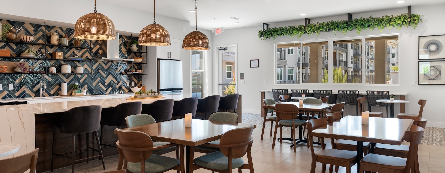 a clubhouse room with tables and chairs